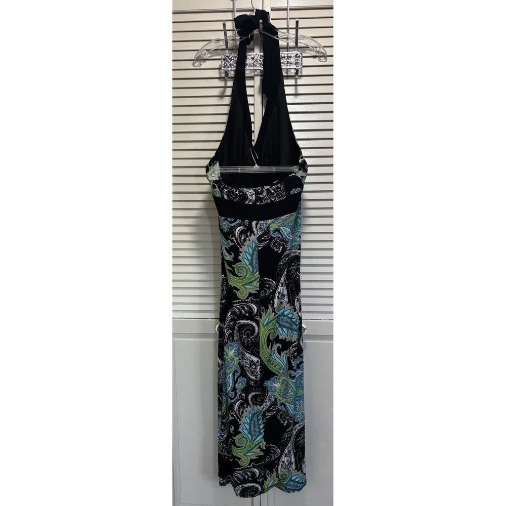 Bisou Bisou Paisley Halter Maxi Dress Size 16W Teal/Black Open Back - Picture 3 of 6